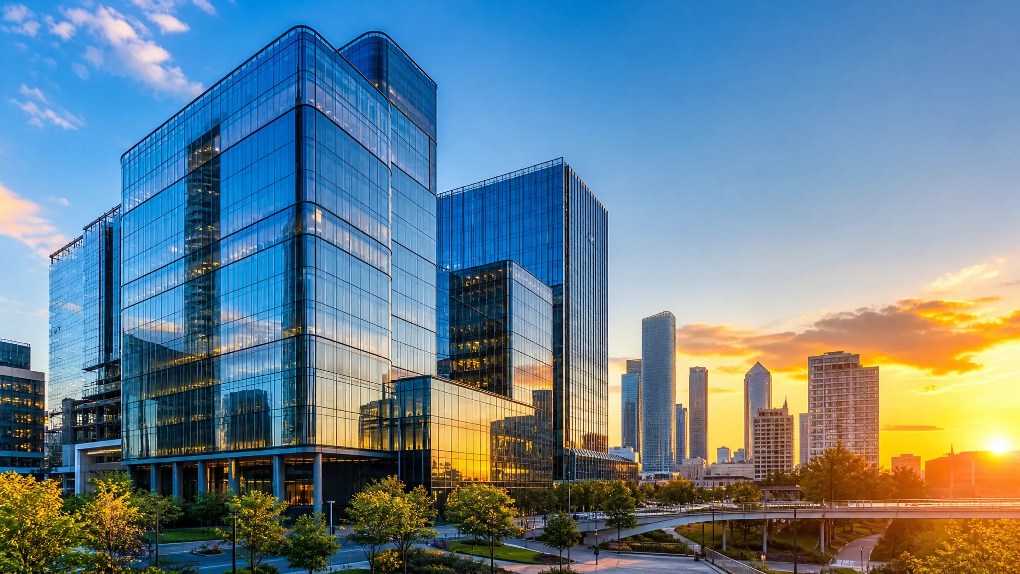 Modern commercial real estate skyline of glass office towers at golden hour