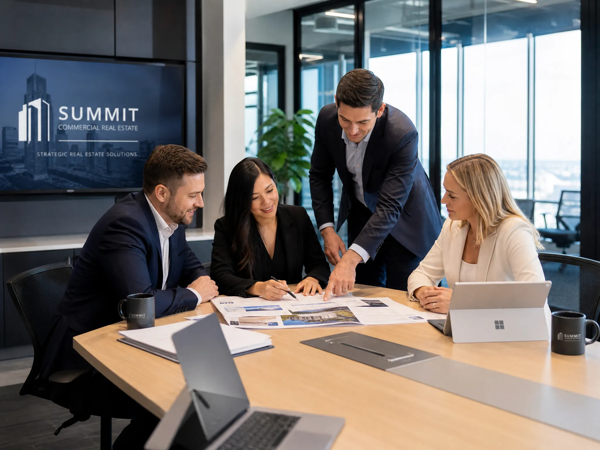 Commercial real estate professionals reviewing lease documents together in a modern office